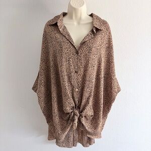 Easel Leopard Print Oversized Tie Front Button Down Boho Tunic L